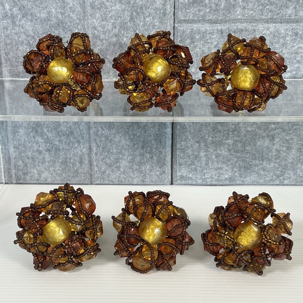 Set of 6 Beaded MCM Napkin Rings Fall Harvest Amber Orange Gold Cluster Faceted
